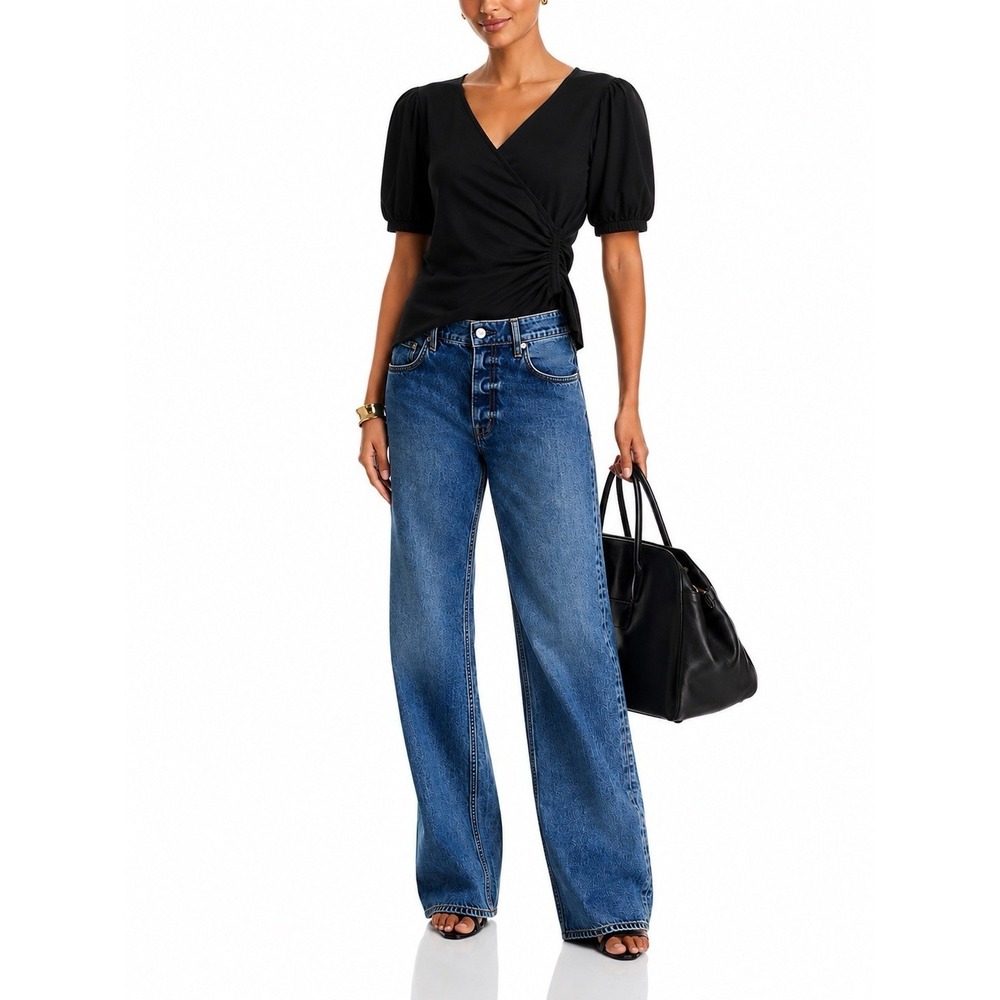 NWT Velvet by Graham & Spencer Black Ruched Wrap Top Puff Sleeve XS